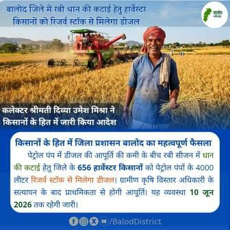 रबी धान की कटाई हेतु बालोद जिले में हार्वेस्टर किसानों को रिजर्व स्टॉक से मिलेगा डीजल