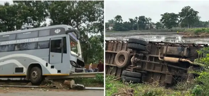 दो सड़क हादसे में यात्री बस डिवाइडर से टकराई, कबाड़ से लदा ट्रक पलटा