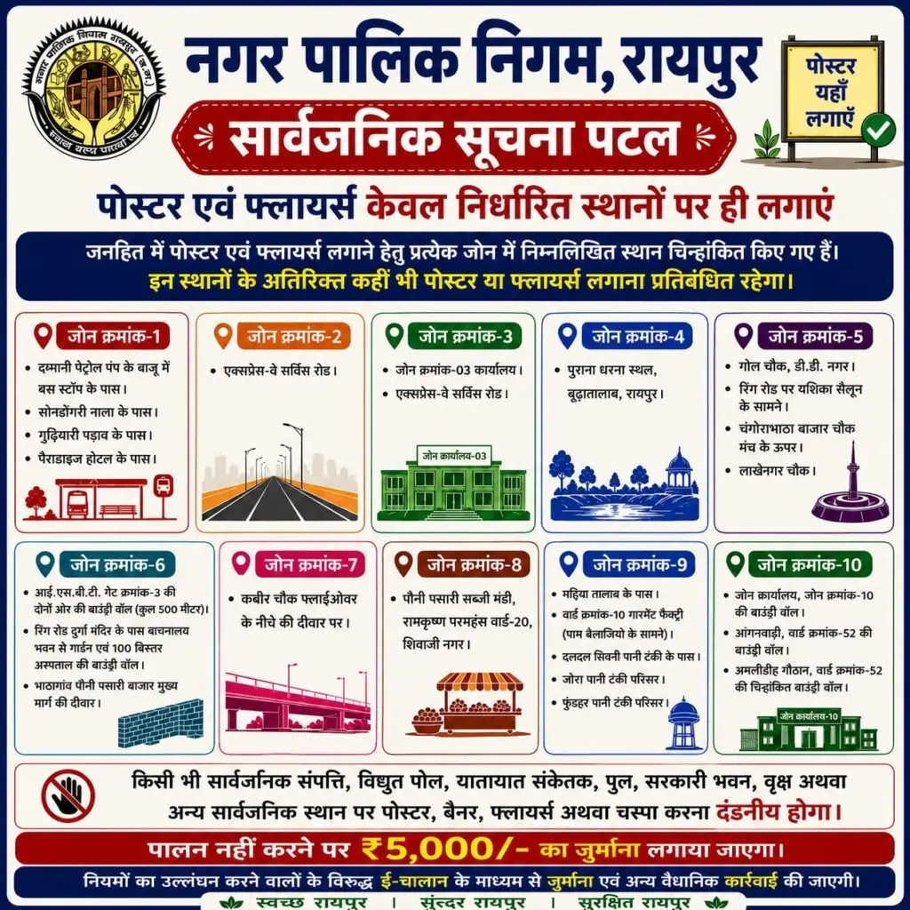 अनाधिकृत पोस्टर, फ्लेक्स, बैनर एवं विज्ञापनों पर रायपुर नगर पालिक निगम करेगा सख्त कार्रवाई